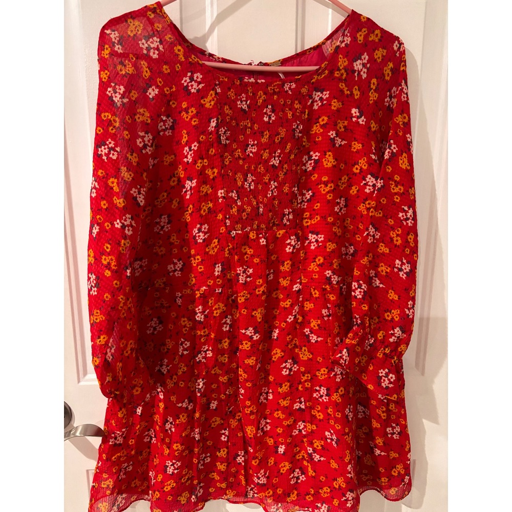 Free People‎ Red Floral Smocked 3/4 Sleeve Boho Smock Top Sz 10